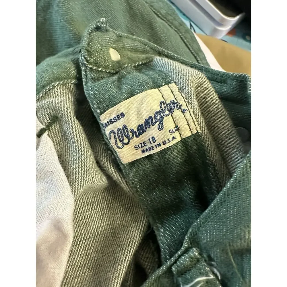 70s Wrangler Misses Jeans Green Denim Snap Button Wide Leg Flare Slim Sz 18 30w - Picture 9 of 9
